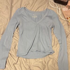 Light Blue V-Neck Ribbed Women's Top